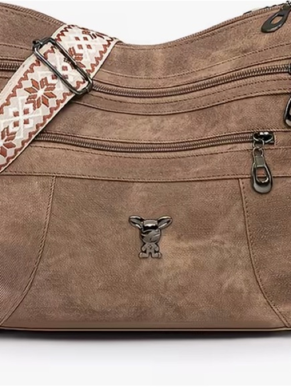 Taupe Suede-Texture Shoulder Bag with Embroidered Strap